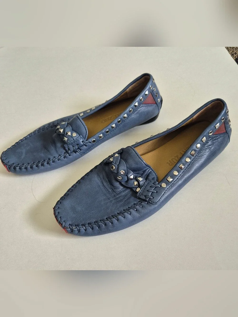 Robert Zur Shoes Blue Leather Studded Twisted Galaxy Loafer Size 8.5